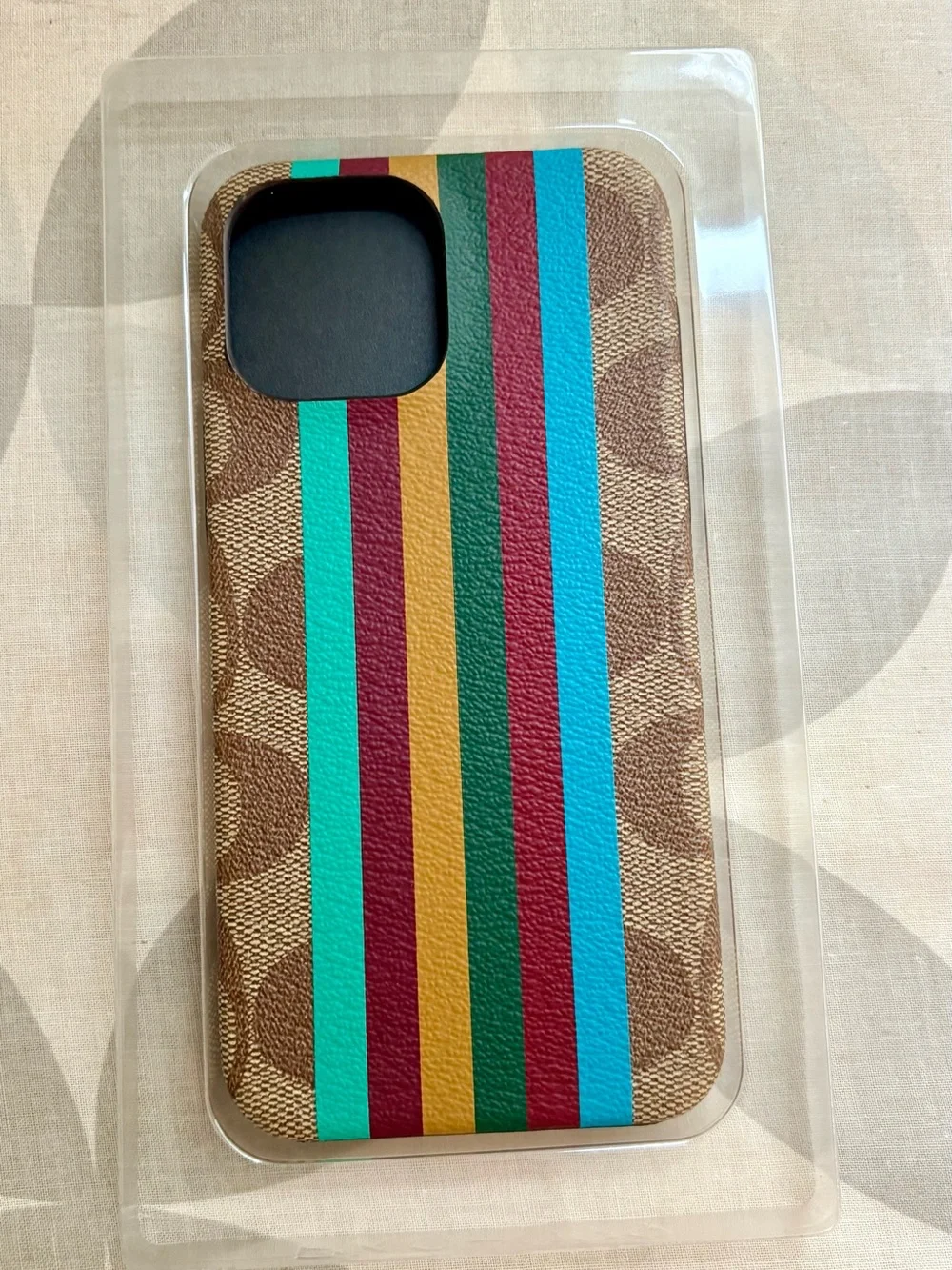 Coach Brown Signature Slim Case with Turquoise, Red, Gold & Green Stripes (NWT)